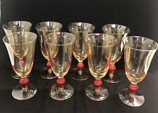 Golden Amber Wine Glasses/Water Goblets Red Bubble Stem & Gold Accents Set Of 8 picture