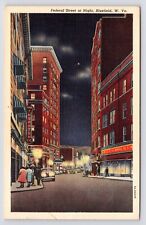 c1940s-50s~Bluefield West Virginia WV~Federal Street~Downtown~Night~VTG Postcard picture