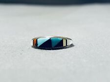 IMPRESSIVE ZUNI INLAY TURQUOISE JET CORAL MOTHER OF PEARL STERLING SILVER RING picture