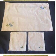 Vintage table cloth tray and 2 napkins hand embroidered cross stitch white Linen picture