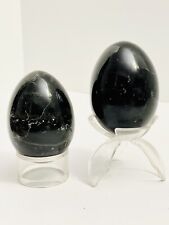 Two Large Marble Egg Onyx Alabaster Natural Polished Stone Eggs Vintage w/ Stand picture