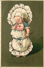 Embossed Postcard Cute Baby in Layette w/ Heart Bib 'A Coquette' Series No. 1025 picture