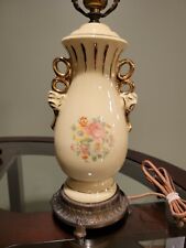 Vintage Porcelain Butter Yellow Lamp With Painted Flowers and Gold Trim picture