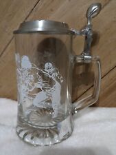 NFL Lidded Beer Stein, Etched Glass, Pewter Lid, Football Lid Lever, NFL License picture