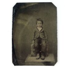 Boy Sitting on Wood Block Tintype c1870 Blurry Child 1/6 Plate Kid Photo A3831 picture