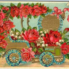 c1900s Beautiful Congratulations Gold Car Auto Flower Heavy Detail Embossed A80 picture