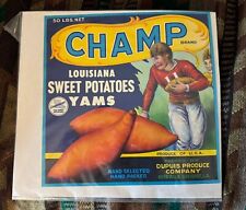 Champ, vintage yam crate label, Louisiana sweet potatoes yams, football ORIGINAL picture