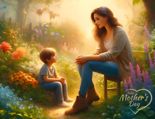 Mother's Day Postcard Tender Garden Moment Between Mother & Child 5.5x4.25