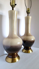Pair Vtg Mid Century Modern Ceramic Drip Glaze Cream Brown Table Lamps picture