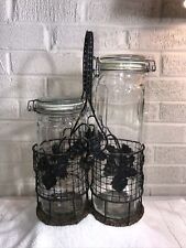 Vintage Mason Glass Clamp Jars in Metal Leaf & Vine Accented Holder 10” 13” picture