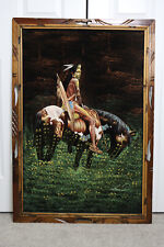 Vintage Velvet Painting Native American Indian Warrior On Stallion Luis D picture