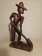 Vintage Hand Carved Wooden Figure Old Working Man With Shovel  picture