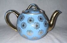 Vintage Hall Teapot Blue with Gold Daisy MCM Design 045 GL 6 Cup ~ Gold Label picture