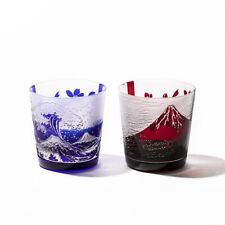Kagami Crystal Edo Kiriko Glass Pair Fuji/Nami Fuji and Cherry Blossom Japanese picture