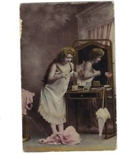 c1910 Cute Girl Getting Ready Beautiful Mirror Gold Gilt Hand Colored? Postcard picture