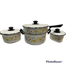 New Sunny Floral 1970s 7pc vintage porcelain enamel cookware set picture