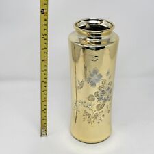 Japanese Mercury Glass Hummingbird & Flowers Etched Vase Large Mid 50's picture