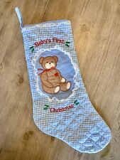 Vintage Baby Boy’s Blue Gingham First Christmas Stocking 80’s Embroidered Lace picture
