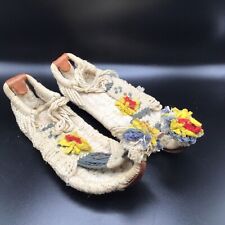 Vintage Souvenir Woven Cotton Child's Shoes Sandals Pom Poms Leather picture