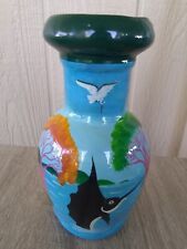 Mexican Folk Art Redware Hand Painted Handmade Vase Blue- Ocean scene 8-1/2” picture