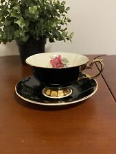 Vtg Majestic Elizabethan Staffordshire Black W/Pink Rose & Gold Teacup/ saucer picture