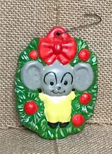 Vintage Handmade Kitschy Mouse In Wreath Ceramic Ornament Christmas Holiday picture