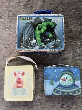 3 Of LOT 90s Vintage Hulk Marvel Babe Pig In City Snowman Mini Metal Lunch Boxes picture