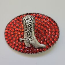Vintage Cowgirl Belt Buckle Western Rodeo Boot Red Rhinestone Pewter  picture