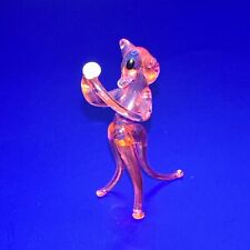 VTG Art Glass Cat Miniature Figure Clear Pink While Holding White Ball 2” Tall picture