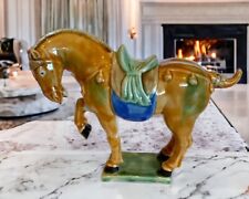 Vintage Glazed Ceramic Sancai Golden Horse Figurine Majolica Drip Glaze picture