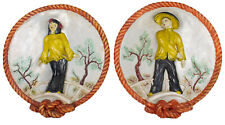 Pair of 1950's Asian 3D Pictorial Wall Art, Round Figural Plaster Plaque, Rope picture
