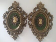 2 Vintage ARABESQUE Burwood Wall Hanging Cameos Gold Framed Green Velvet MCM picture