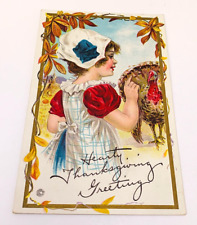 Antique Embossed HEARTY THANKSGIVING GREETING POSTCARD GIRL & TURKEY Unposted picture