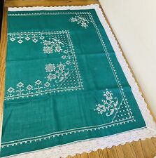 Vintage Unused Art Deco Green Linen Embroidery Lace Tablecloth Italy 70x52 picture