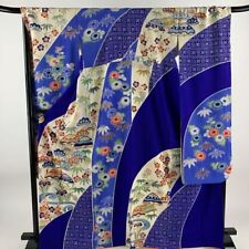 65.9inc Japanese Kimono SILK FURISODE Shochikubai Running water Blue picture