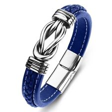 Men's Leather Braided Silver Bracelet Wristband Stainless Steel Wrist Bangle picture