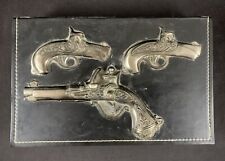 Vintage Leather Tooled Metal Flintlock Pistols Wooden Trinket Box picture
