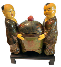 Decorative Asian Chinese Two Men Figure Statue Holding Lidded Jar Wooden Stand picture