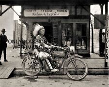 VINTAGE INDIAN MOTORCYCLE C.T. KRUSE DEALERSHIP 8X10 PHOTO CHIEF POSES ON CYCLE picture