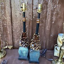 PAIR RUSTIC FOREST DECOR Pinecone Candlesticks Table Lamp Vermont Artisan picture
