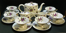 Vintage (15) Pcs.  Lefton Hand Painted Ribbed Violets Tea Set (For 6) VG-Excell picture