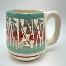 Navajo Coffee Mug Signed Southwest American Incised Handcrafted Teal Red 8oz VTG picture
