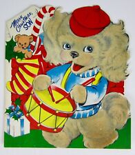 Vintage UNUSED Stanley Christmas Greeting Card Die Cut Flocked Son Puppy Drummer picture