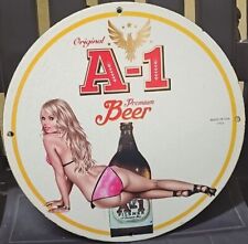 RARE ORIGINAL A1 PREMIUM BEER-BREWING COMPANY GIRL PINUP PORCELAIN ENAMEL SIGN. picture