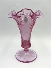 Vintage Fenton Bright Rose Pink Daffodil Glass  Ruffled Daffodil Footed Vase picture