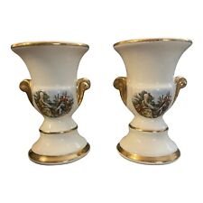 Vintage Victorian White Vases/Urns with Boucher Design Outlined in Gold set of 2 picture
