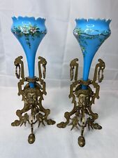 Antique Blue Glass Trumpet Vase Mantle Lusters  Figural Asian Metal Base H 14