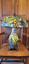 Large Tiffany Style Double Lit Lamp Colorful Blues Stained Glass Birds Leaves  picture