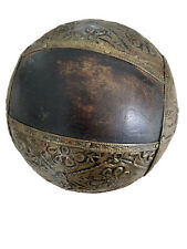 Vintage Decorative Ball Brown Wood Sphere Embossing Brass Metal Inlay picture