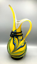 Vintage Yellow Blue & Green Azerbaijan Art Glass Pitcher Vase 16